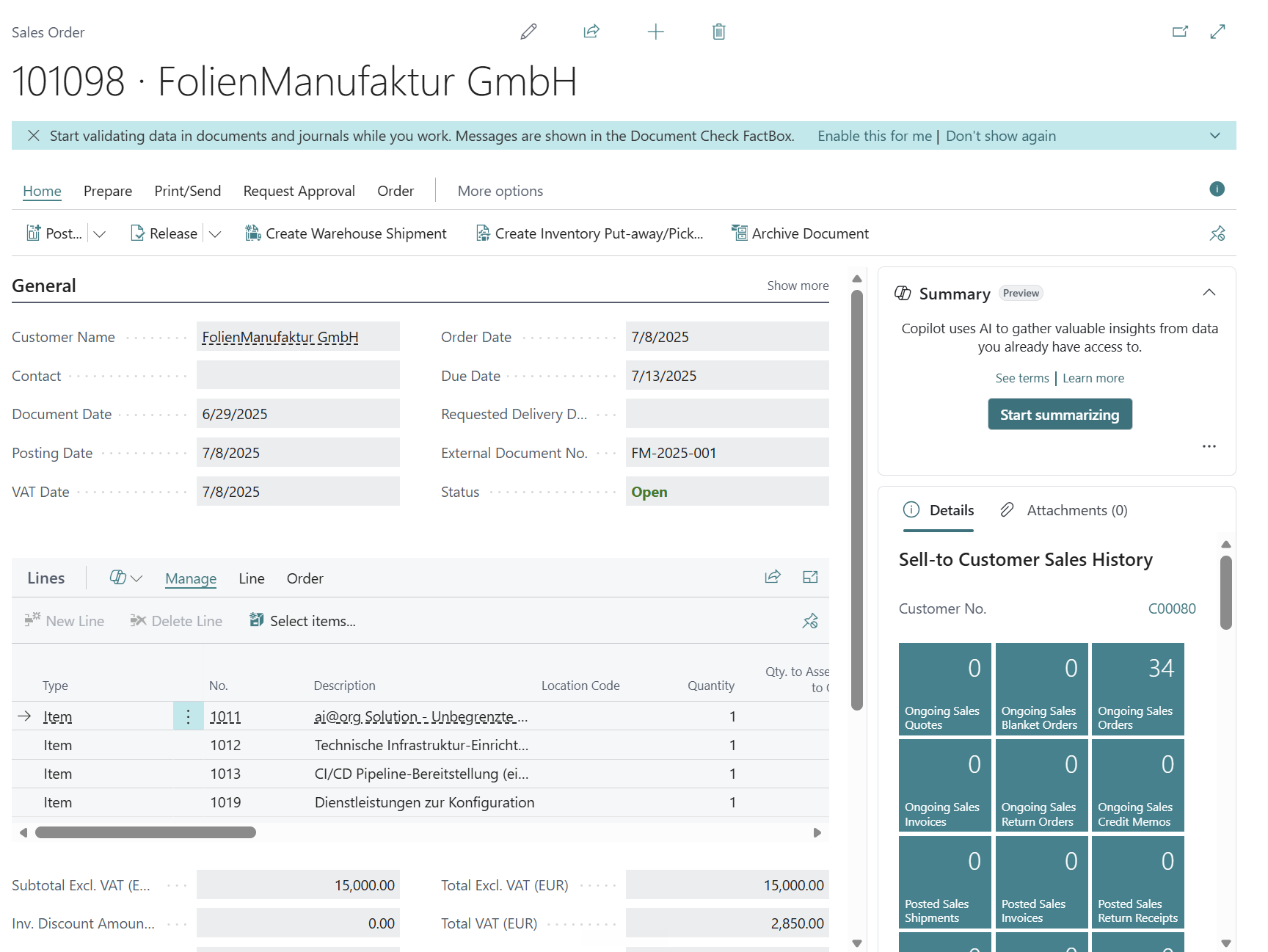 order created in Business Central